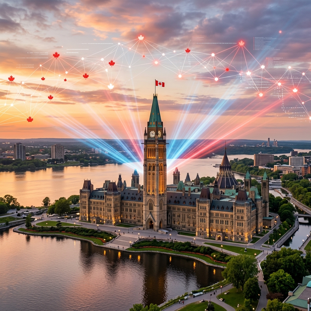 Canadian Parliament at Ottawa with neural network overlays representing artificial intelligence