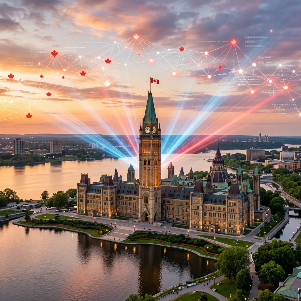 Canadian Parliament at Ottawa with neural network overlays representing artificial intelligence
