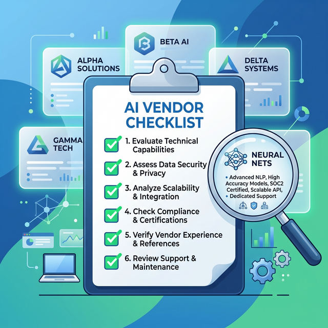 Abstract representations of AI vendor evaluation with a clipboard checklist and magnifying glass
