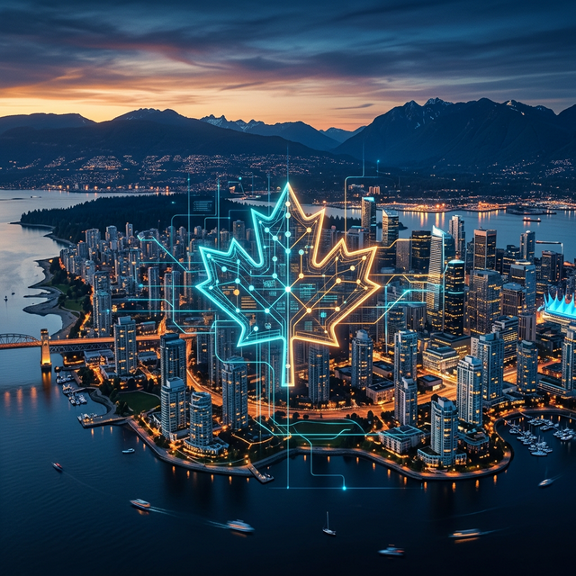 Canadian city skyline with glowing digital lines representing data security