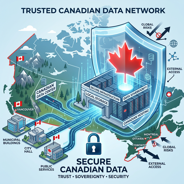 Secure data center in Canada protected by a maple leaf shield with data streams from municipal buildings