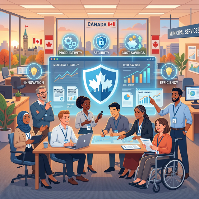 Diverse group of municipal workers collaborating around a digital screen showing productivity and security icons