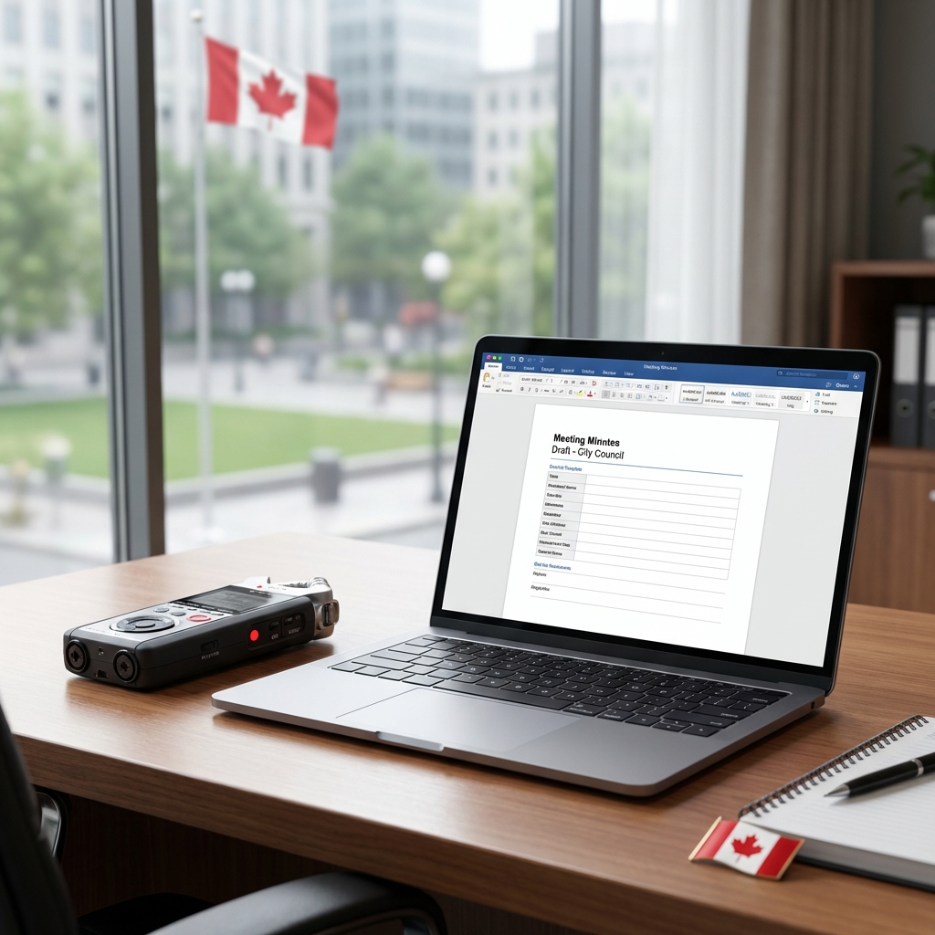 A professional Canadian municipal administrative desk with recording equipment and laptop
